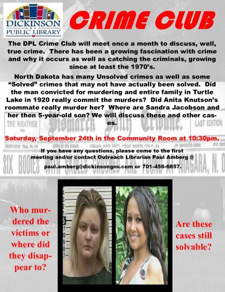 Image for event: Crime Club -- North Dakota Unsolved (Ages 18+)